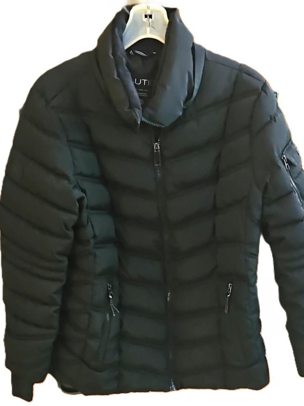 Nautica Black Quilted Puffer Jacket Sz L Womens Full Zip Stand-Up Collar Pockets